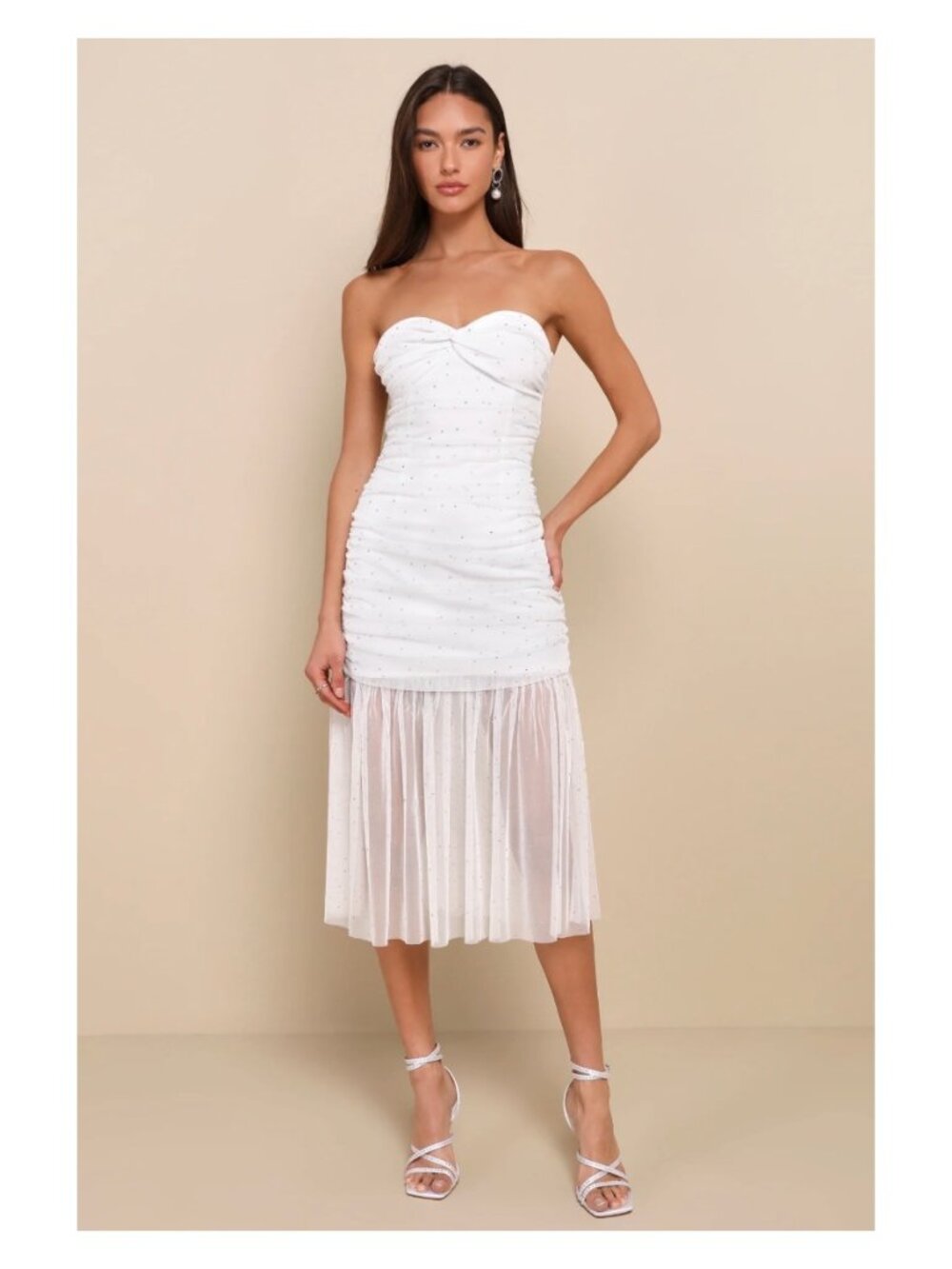 Lulus Sparkling Babe White Rhinestone Ruched Strapless Midi Dress Size M NWT